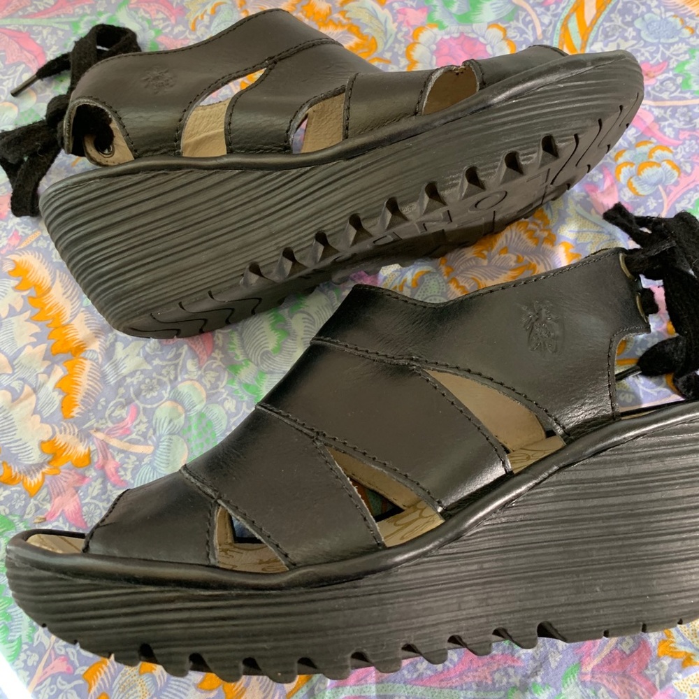 Fly London black leather wedges